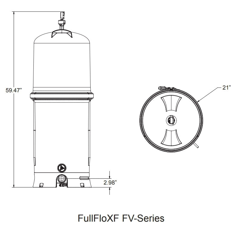 Pentair FullFloXF FV60 filter dimension diagram showing tank diameter and clearance