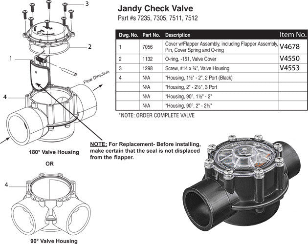 Jandy 7235 Pro Series spring check valve 180 degree 1.5 x 2 inch