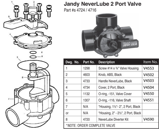 Jandy 4716 NeverLube 2-port positive seal diverter valve 2 inch to 2.5 inch